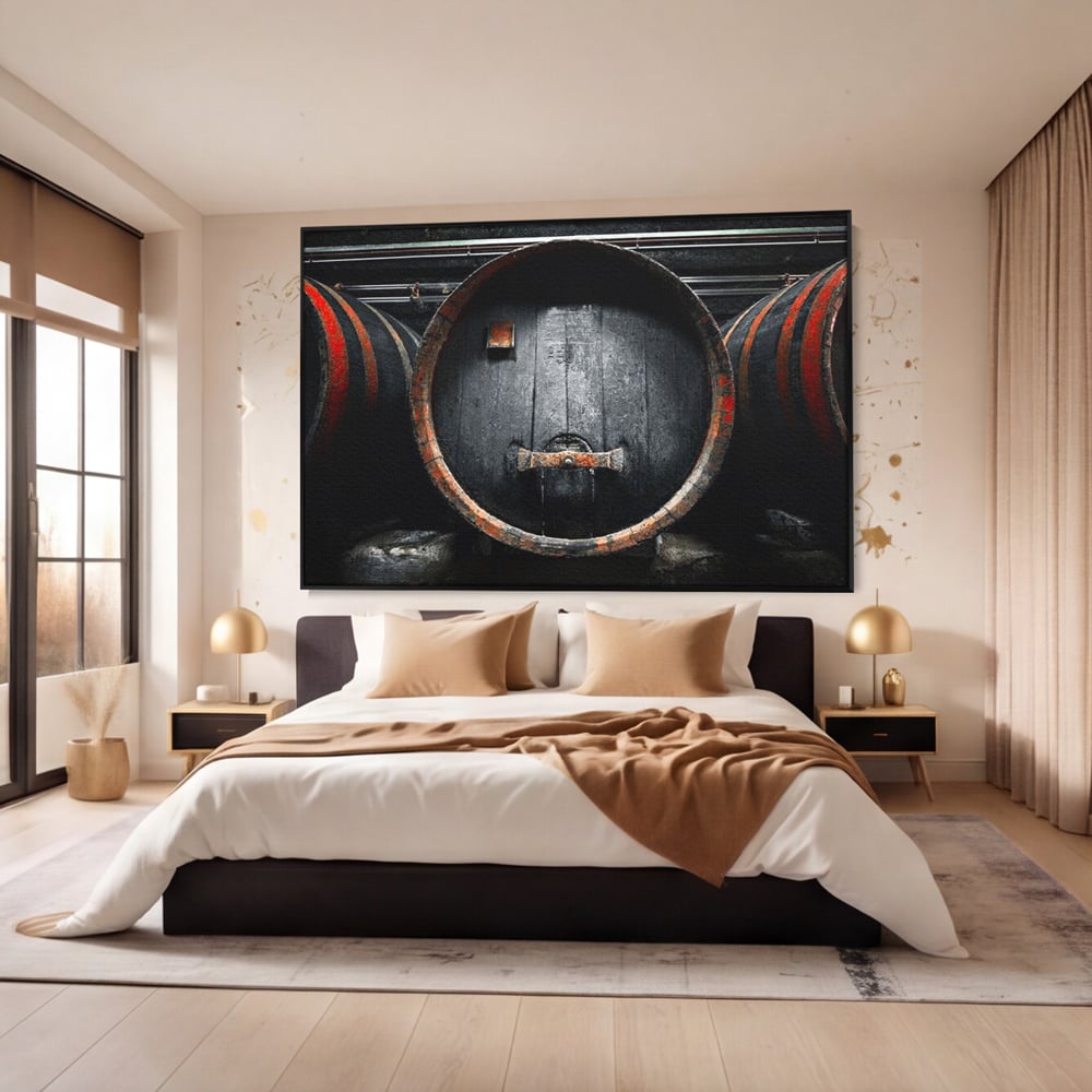 Tablou canvas cu butoaie de lemn din crama, in rama de aluminiu negru, pe perete intr-un dormitor